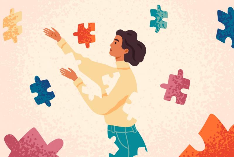 The Many Parts of Ourselves Woman Assembling Herself With Puzzle Pieces - Cartoon Character