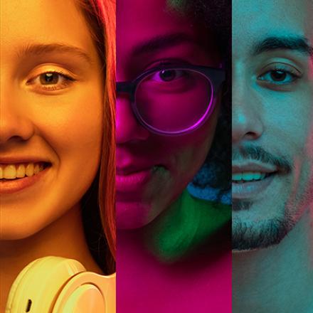 Close up of diverse faces with colorful overlays