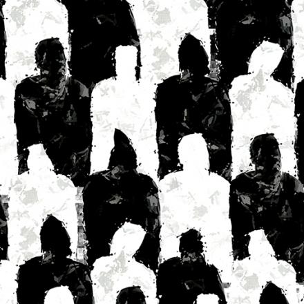 Impressive 3d rendering of a wall made of standard black and white unisex people dressed in raincoats and hoods. They look soulless and thought provoking.